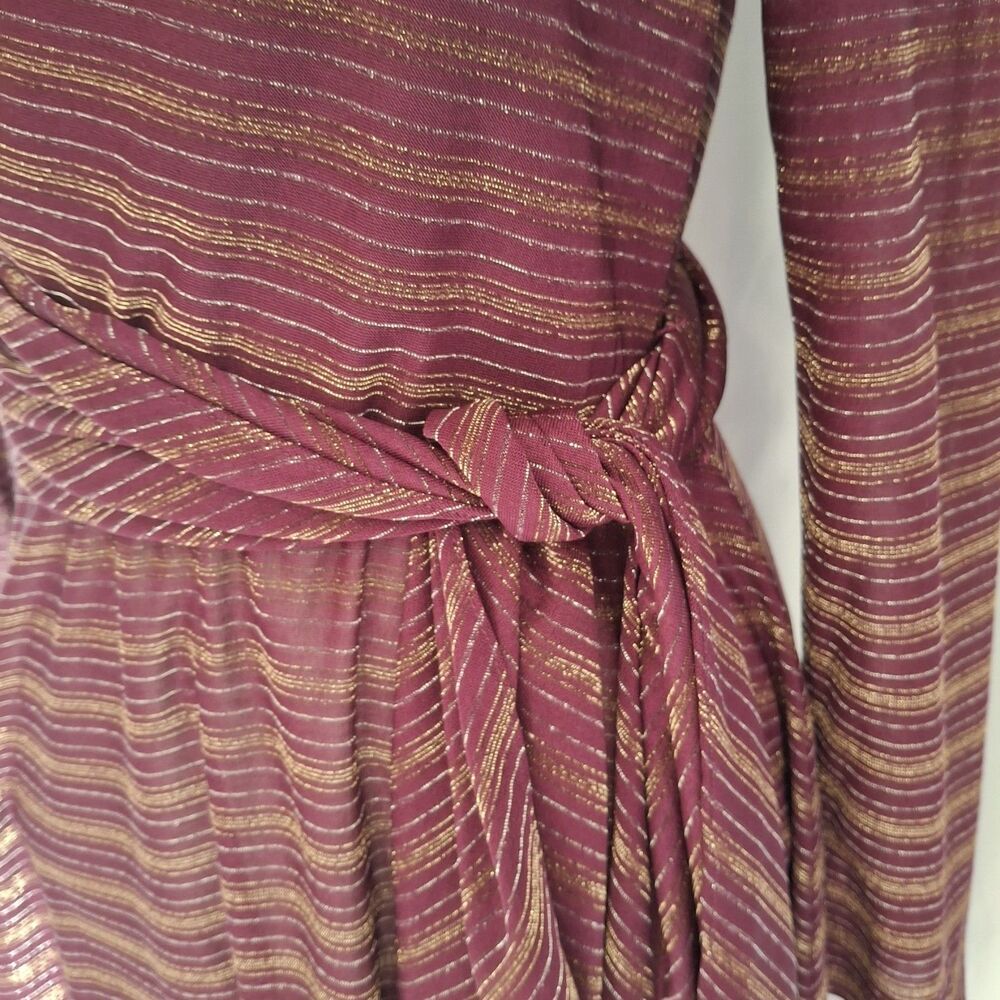 Vtg 70s Wine sash belt Polyester Draped neck metallic strips disco dress sz 9/10 - Picture 5 of 8